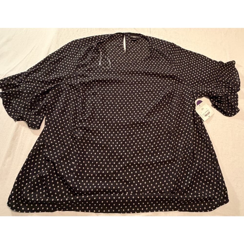 Liz Claiborne Black White Polka Dot Blouse 100% Polyester Round Neck 2X Plus NWT